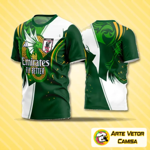 Camisa de futebol com logo no peito e estampa grande nas costas, exibindo design moderno em cores vibrantes para times amadores, perfeita para jogos e treinamentos com estilo marcante.