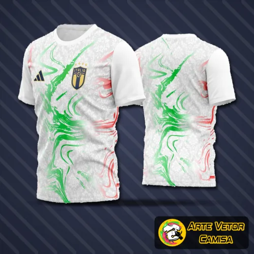 Foto da camisa de futebol amador com logo no peito e estampa grande nas costas que destaca o design moderno e cores vibrantes.