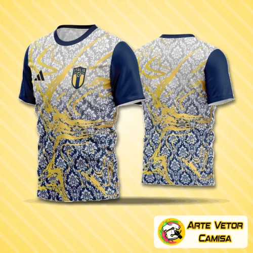 Camisa de futebol amador com logo no peito, detalhes modernos e estampa grande nas costas destacando o número e nome do jogador com cores vibrantes e design arrojado.