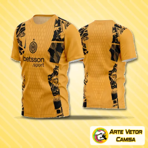 Camisa de futebol amador com logo no peito e estampa grande nas costas, exibindo cores vibrantes e design moderno, perfeita para times que buscam estilo e presença em campo.