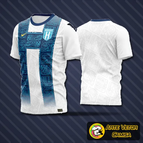 Imagem de uma camisa de time de futebol amador com logo no peito e estampa grande nas costas, exibindo cores vibrantes e design moderno para destaque em campo