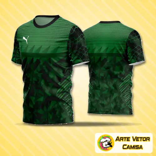 Camisa de futebol com logo no peito e uma estampa grande nas costas, design moderno e vibrante, ideal para times amadores que buscam estilo e identidade visual marcante em campo.