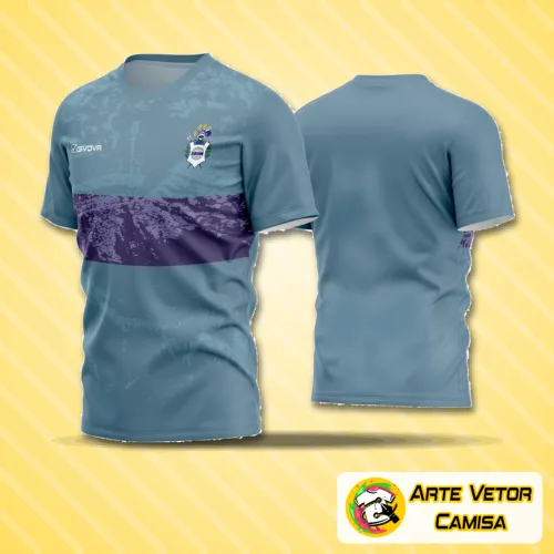 Camisa de futebol com logo no peito e estampa grande nas costas, exibindo um design moderno e vibrante, ideal para times amadores que buscam identidade e estilo nas partidas.