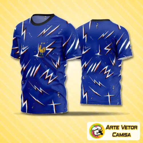 Camisa de futebol amador exibindo logo no peito e uma estampa grande nas costas com design moderno, em cores vibrantes e acabamento detalhado, perfeita para times que buscam estilo e identidade visual marcante.