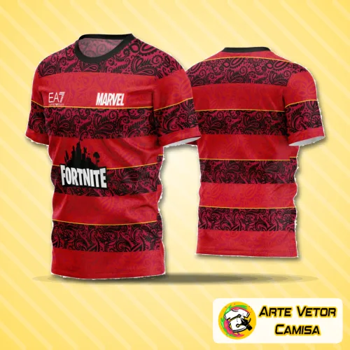 Camisa de futebol amador com logo no peito e estampa grande nas costas, design moderno com cores vibrantes para jogos competitivos e lazer.
