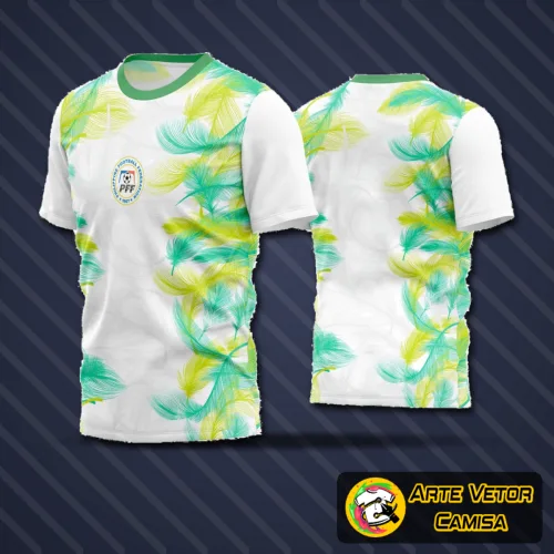Camisa de futebol amador com logo no peito e estampa grande nas costas em estilo moderno, ideal para quem busca um visual único no campo.