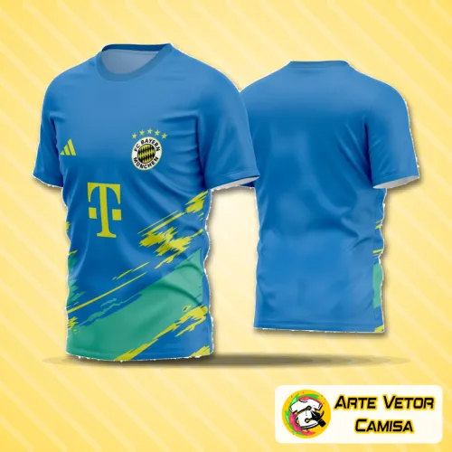 Camisa de futebol amador com logo no peito e estampa grande nas costas, exibindo design moderno e cores vibrantes para jogos e eventos esportivos.
