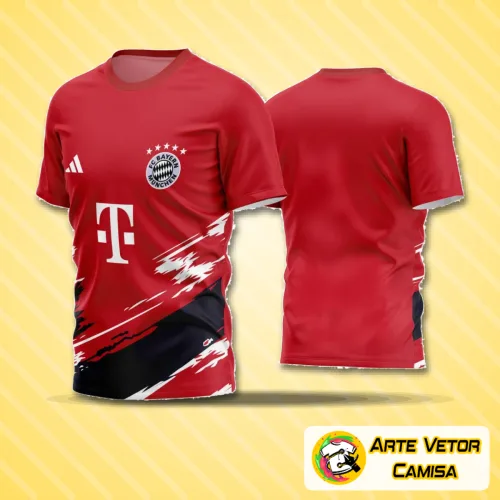 Vista frontal de camisa com logo no peito destacado e estampa grande nas costas combinando cores vibrantes, estilo único para amantes do futebol amador
