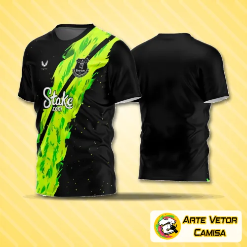 Camisa de futebol amador com logo no peito destacado e estampa grande nas costas exibindo cores vibrantes e detalhes modernos, ideal para partidas e treinamentos.