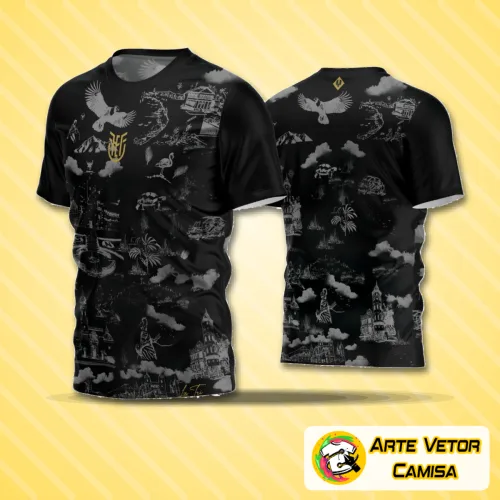 Camiseta de futebol amador com logo no peito e estampa grande nas costas, apresentando design moderno e cores vibrantes para partidas e treinamentos.
