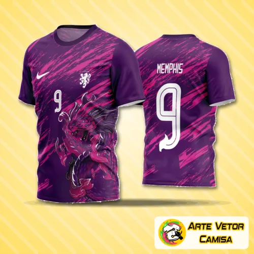 Camiseta esportiva para time de futebol amador com logo no peito e estampa grande nas costas, ideal para jogos e treinos com visual moderno e dinâmico.