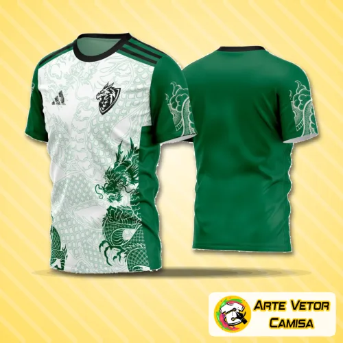 Camiseta esportiva com logo no peito e estampa grande nas costas, destacando cores vibrantes e design marcante ideal para times de futebol amador em partidas e eventos locais