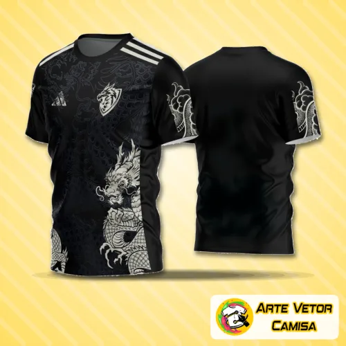 Camisa de futebol amador com logo no peito e estampa grande nas costas, destacando cores vibrantes e design moderno, perfeita para partidas e treinos.