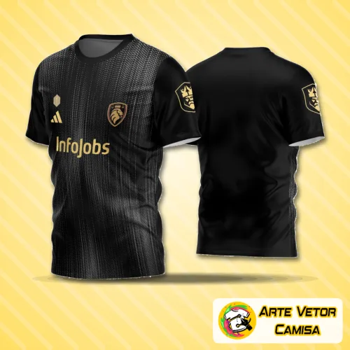 Camisa de time de futebol amador com logo no peito e estampa grande nas costas, apresentando design moderno e vibrante, perfeita para jogos e treinos.