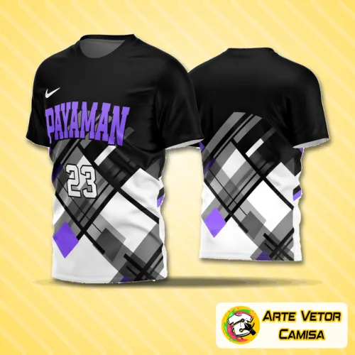 Camisa de futebol amador com logo destacado no peito e estampa grande nas costas com design moderno e cores vibrantes, ideal para times que querem estilo e personalidade em campo.