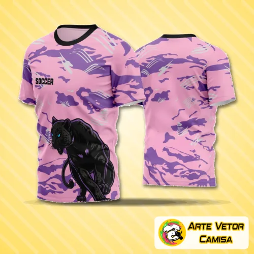 Camisa esportiva com logo no peito e estampa grande nas costas, design moderno e vibrante para times de futebol amador, combinação perfeita de cores e detalhes destacados no tecido.