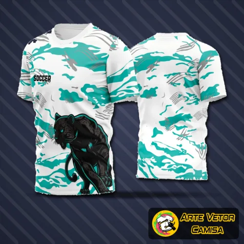 Camisa de futebol exibindo logo no peito e estampa grande nas costas, com design moderno e cores vibrantes, perfeita para times amadores que buscam destaque e estilo dentro de campo.