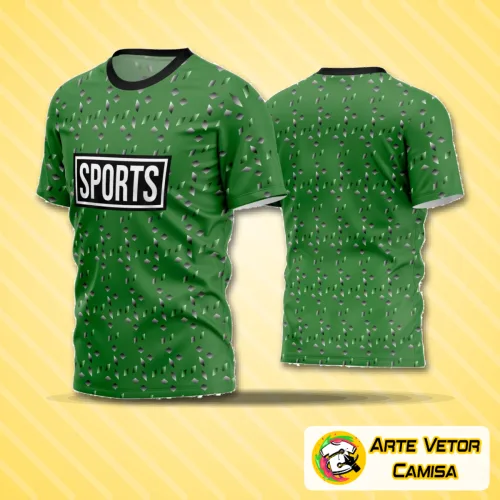 Camisa de futebol com logo no peito e estampa grande nas costas, apresentando design moderno e cores vibrantes, perfeita para times amadores que buscam estilo e identidade visual marcante.