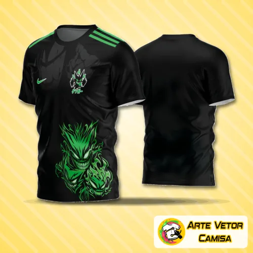 Camisa de futebol amador com logo no peito destacado e estampa grande nas costas, design moderno e cores vibrantes, ideal para times que buscam identidade visual marcante em campo.