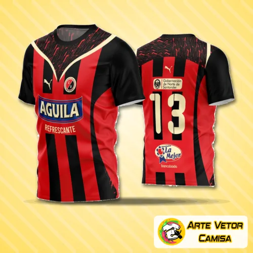 Camisa de futebol amador com logo no peito e estampa grande nas costas, destacando design moderno e cores vibrantes que garantem visibilidade e estilo dentro de campo.