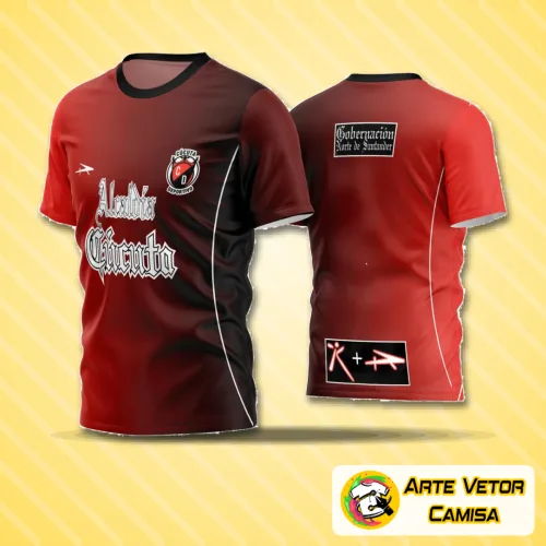 Camisa de futebol com logo no peito e estampa grande nas costas em estilo moderno, cores vívidas e design atraente que destaca a equipe em campo.