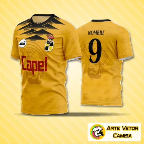 Camisa de futebol amador com logo no peito e estampa grande nas costas, combinando cores vibrantes e design moderno ideal para equipes que buscam estilo e identidade visual marcante.