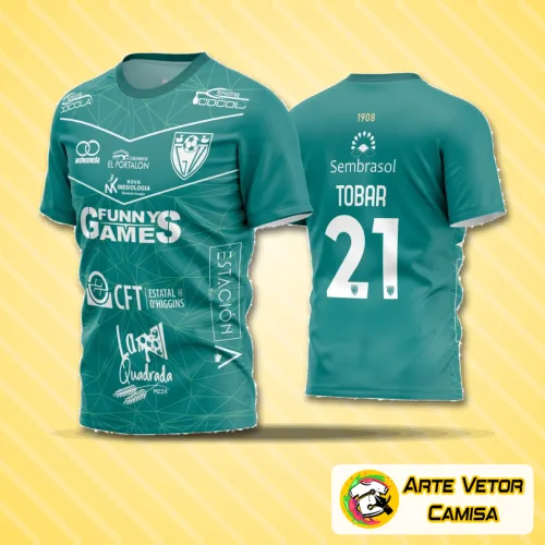Camiseta de futebol amador com logo no peito e estampa grande nas costas, destacando design moderno e cores vibrantes, perfeita para times que buscam estilo e identidade marcante em campo.
