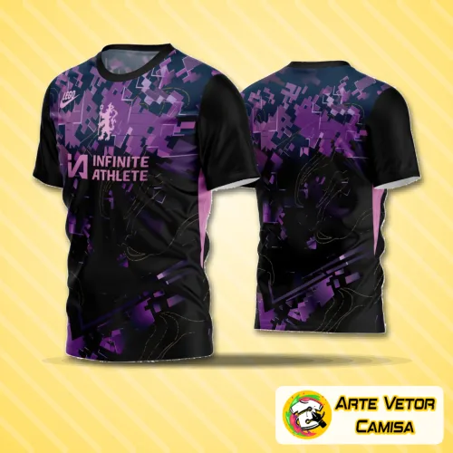 Camisa de futebol amador com logo no peito e estampa grande nas costas, design moderno e cores vibrantes destacam o estilo único para jogos e treinos.
