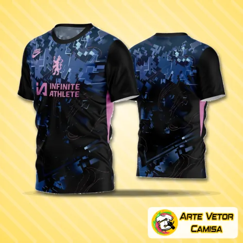 Camiseta de time de futebol amador com logo no peito e estampa grande nas costas em design moderno, cores vibrantes e visual esportivo que chama atenção em qualquer partida.