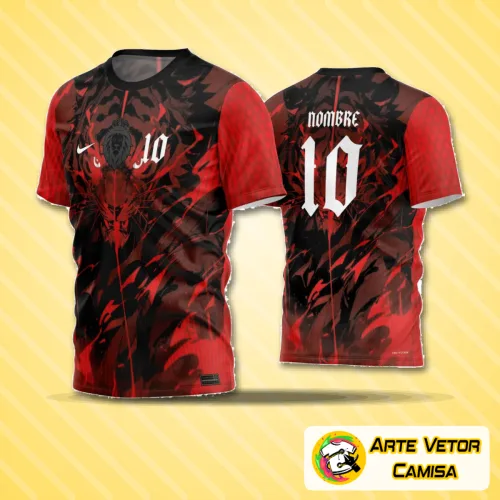 Camisa de futebol com logo no peito bem destacado e estampa grande nas costas apresentando cores vibrantes e design moderno, perfeita para jogos amadores.