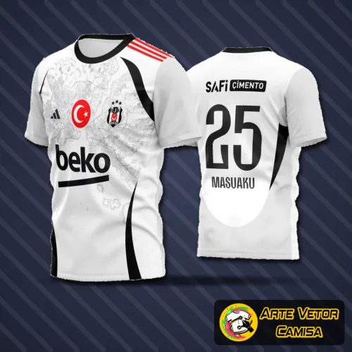 Camisa de futebol amador com logo no peito destacado e estampa grande nas costas, apresentando cores vibrantes e design moderno para equipes que buscam estilo e identidade em campo.