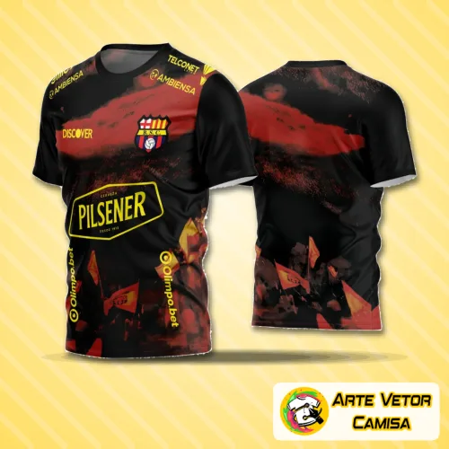 Camisa de futebol amador com design moderno, logo no peito em destaque e estampa grande nas costas com cores vibrantes e estilo esportivo perfeito para torcer com identidade.