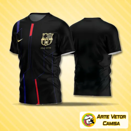 Camisa de futebol amador com logo no peito e estampa grande nas costas, cores vibrantes combinando estilo moderno e tradicional em design harmonioso para torcedores e jogadores.
