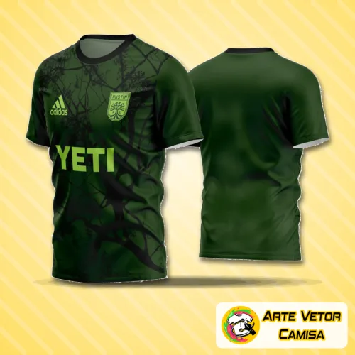 Camisa de futebol amador com logo no peito e estampa grande nas costas, em cores vibrantes e design moderno que destaca o visual esportivo com detalhes únicos.