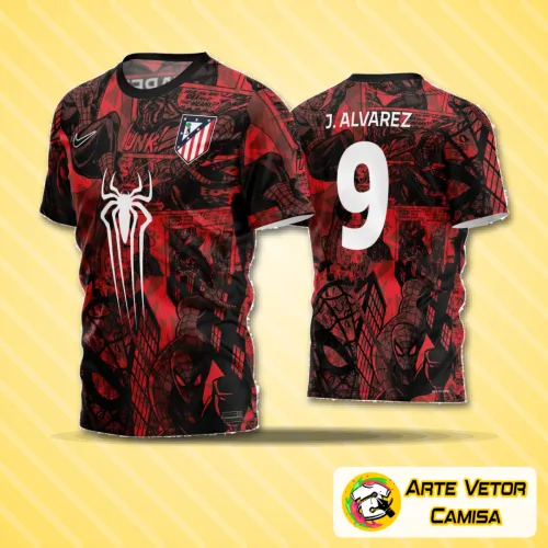 Camisa de futebol amador com logo no peito e estampa grande nas costas, destacando cores vibrantes e design moderno perfeito para times que buscam identidade e personalidade em campo.