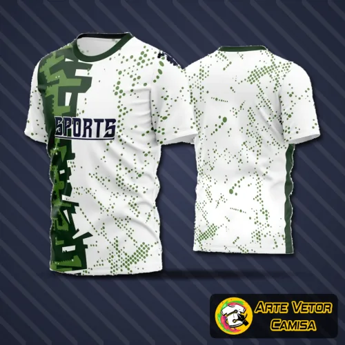 Camisa de futebol amador com logo no peito e uma estampa grande nas costas em design moderno e atraente, destacando cores vibrantes e estilo esportivo autêntico.