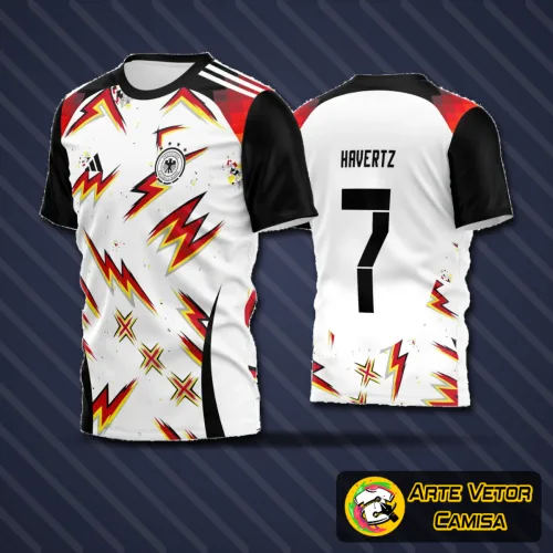 Camisa de futebol amador com logo no peito e estampa grande nas costas, destacando estilo moderno e atraente, cores vibrantes em design que valoriza a identidade do time com acabamento perfeito e visual impactante.