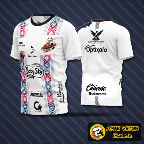 Camisa de futebol amador com logo no peito e estampa grande nas costas em destaque, exibindo cores vibrantes e detalhes modernos que valorizam o visual esportivo e autêntico do uniforme.