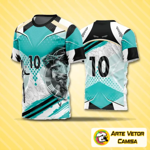 Camisa de futebol amador com logo no peito e estampa grande nas costas, destacando cores vibrantes e design moderno ideal para times que buscam estilo e identidade única em campo.