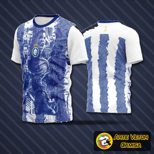 Camisa de futebol amador com logo no peito e estampa grande nas costas exibindo design moderno e cores vibrantes, perfeita para destaque em campo e torcida.