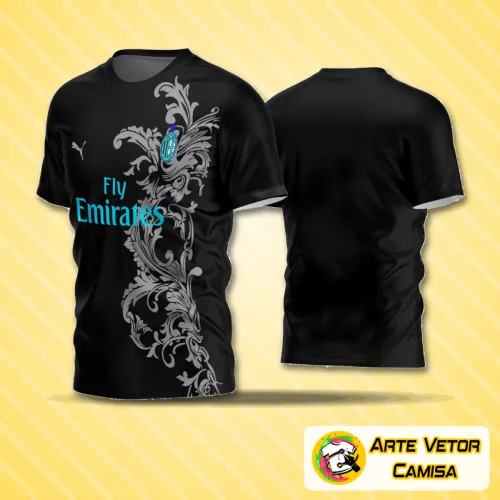 Camisa de futebol amador com logo no peito e uma estampa grande nas costas, apresentando design moderno e colorido para jogos e treinos.