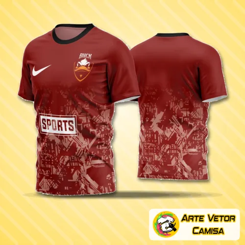 Camisa com logo no peito e estampa grande nas costas exibindo cores vibrantes e estilo moderno, perfeita para times amadores que buscam visual diferenciado e uniforme marcante em campo.