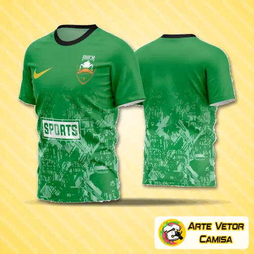 Camisa de futebol amador exibindo logo no peito e estampa grande nas costas em cores vibrantes com design arrojado e detalhes que destacam o time em campo