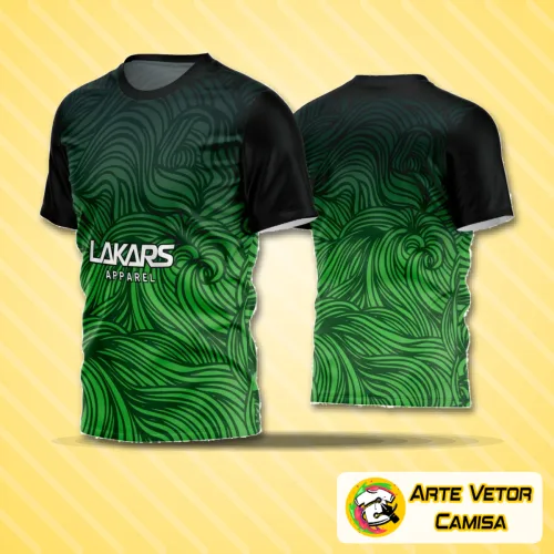 Camisa de futebol amador com design moderno, logo no peito destacado e estampa grande nas costas vistosa e personalizada, apresentando linhas dinâmicas em combinação de cores vibrantes.