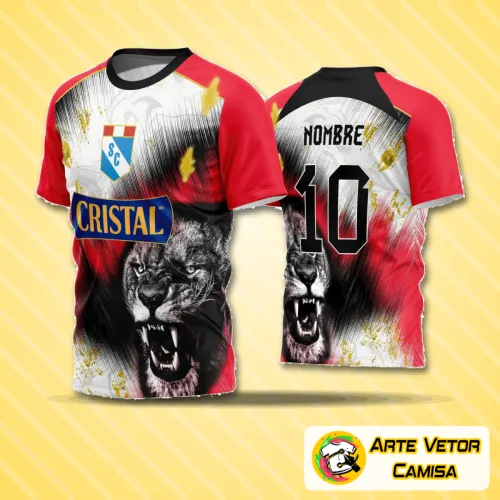 Camisa de time amador de futebol com logo no peito e estampa grande e vibrante nas costas, mostrando design moderno e esportivo ideal para partidas e treinamentos.