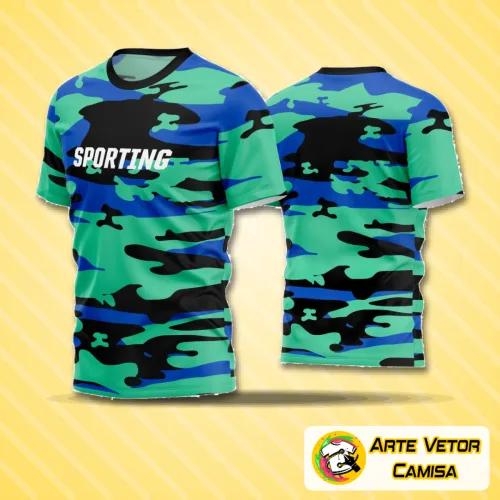 Camisa de futebol amador com logo no peito e estampa grande nas costas, em design moderno e cores vibrantes, ideal para times que buscam estilo personalizado nas partidas