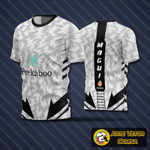 Camisa de futebol amador com logo no peito e estampa grande nas costas exibindo design moderno e cores vibrantes, ideal para times que buscam identidade visual marcante.