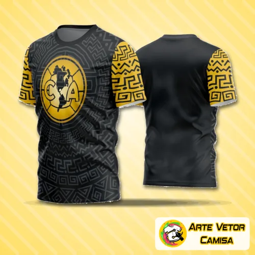 Camisa de futebol amador com logo no peito e estampa grande nas costas, mostrando estilo esportivo único e cores vibrantes que destacam o time em campo.