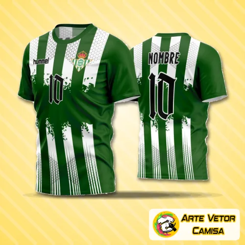 Camisa de futebol amador com logo destacado no peito e estampa grande nas costas mostrando design exclusivo e vibrante, perfeita para times que buscam estilo e identidade visual em campo.
