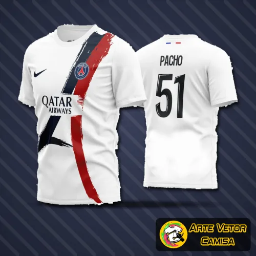 Camisa com logo no peito e estampa grande nas costas, design moderno com cores vibrantes e detalhes que destacam o time de futebol amador de forma única e atraente, perfeita para jogos e eventos esportivos.